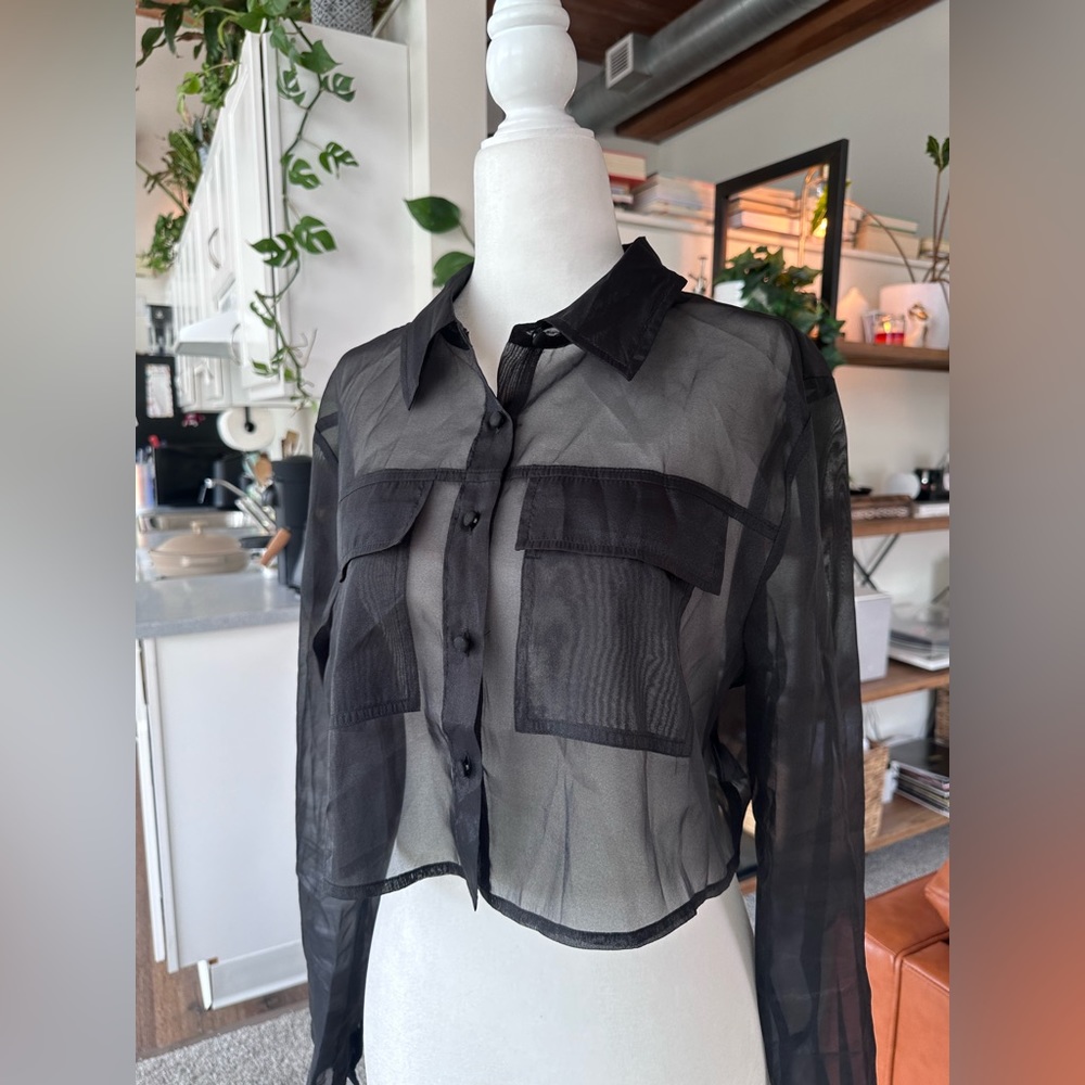 Meshki Sheer Button Up Cropped Shirt - Black
